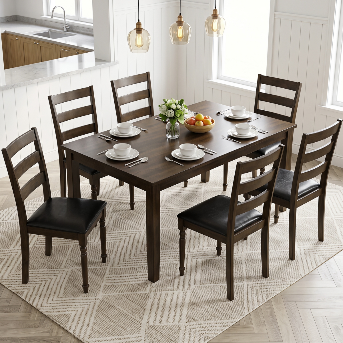 Gymax 4Piece Farmhouse Pu Leather Upholstered Dining Chairs with Ladder Back Padded Seat