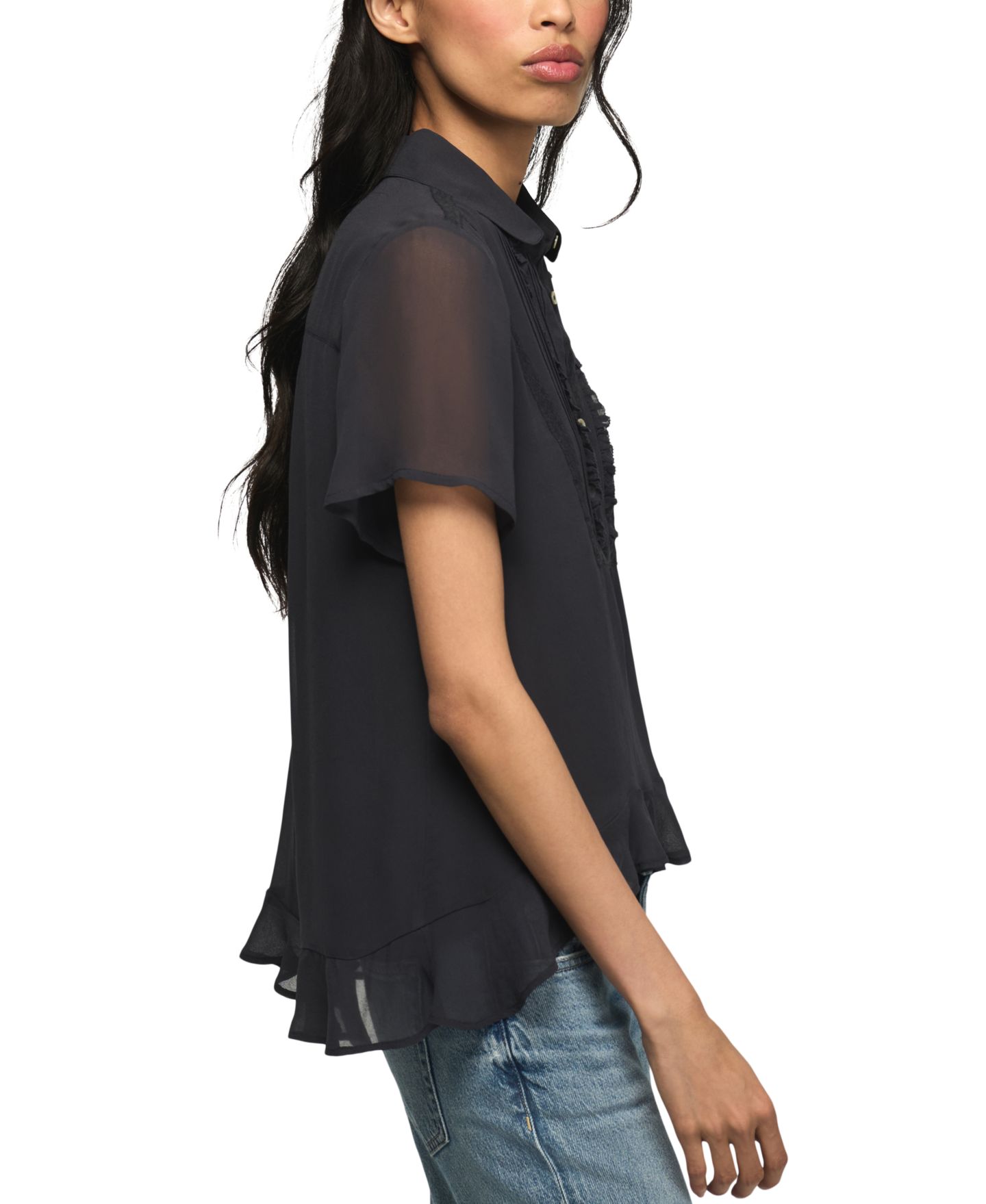 Женская блузка Lucky Brand High-Low Ruffle Short-Sleeve Blouse, цвет: Чернильный — фото 3