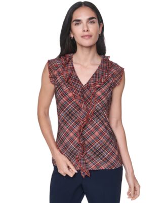Women's V-Neck Plaid Ruffle Sleeveless Blouse