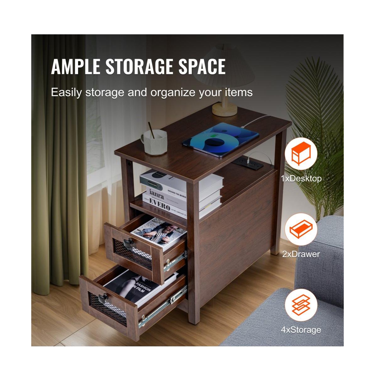 Slickblue Bedroom Nightstand with Usb Charging Station, 2 Drawers, Cabinet Storage and Open Shelves