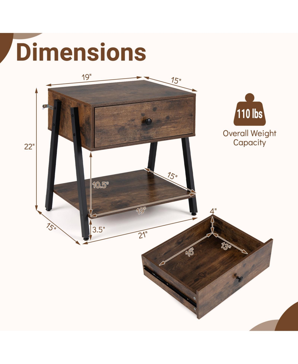 Gymax 2 Pieces Industrial Nightstand with Drawer Open Storage Shelf Adjustable Foot Pads