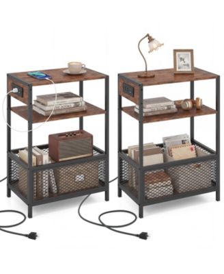 2 Pieces End Table with Charging Station 2 AC Outlets 1 USB and 1 Type-C Ports
