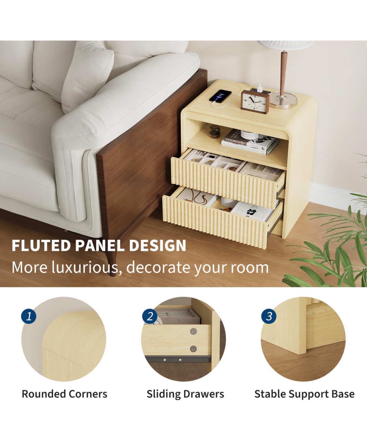 homfan 23.6-Inch Wood Color Fluted Nightstand with Charging Station and 2 Drawers