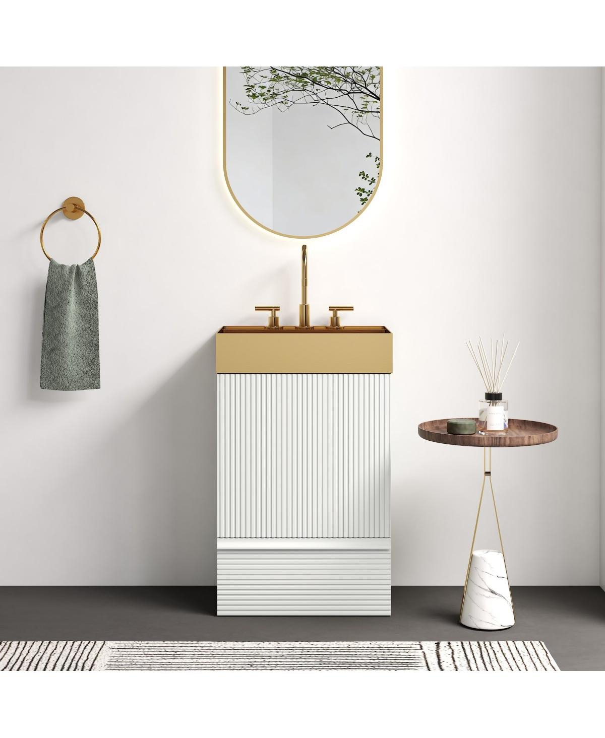 Sillysis Freestanding Bathroom Vanity with Gold Metal Vessel Sink, Modern Striped Cabinet with Drawer for Small Spaces - Matt white
