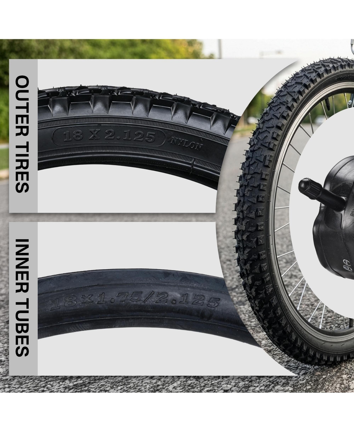 Yescom 18" x 2.125" Heavy-Duty Mountain Tread Rubber Tire and Tube Set, 3-Piece
