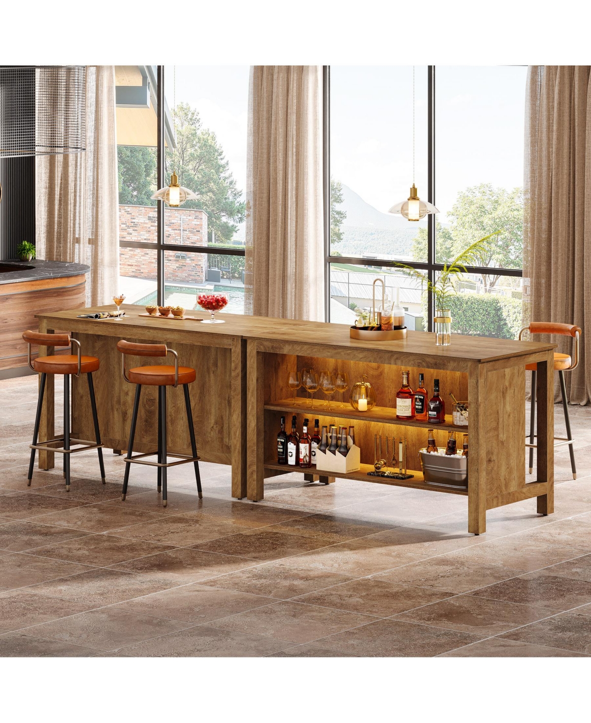 Tribesigns 59-Inch Home Bar Table Unit, 3-Tier Counter Height Pub with Storage Shelves, Cabinet