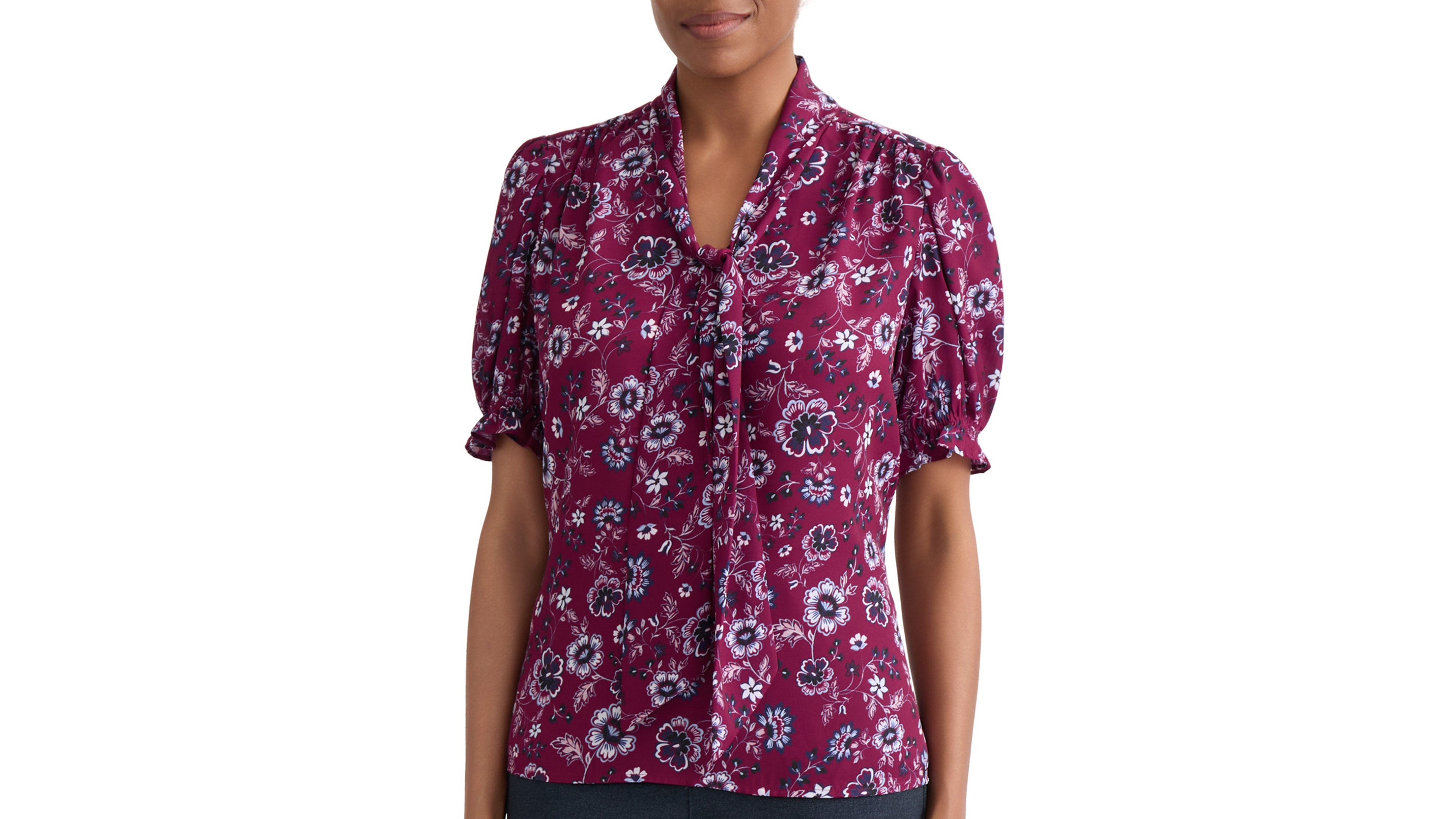 Jones New York Petite Tie-Neck Floral-Print Puff-Sleeve Blouse