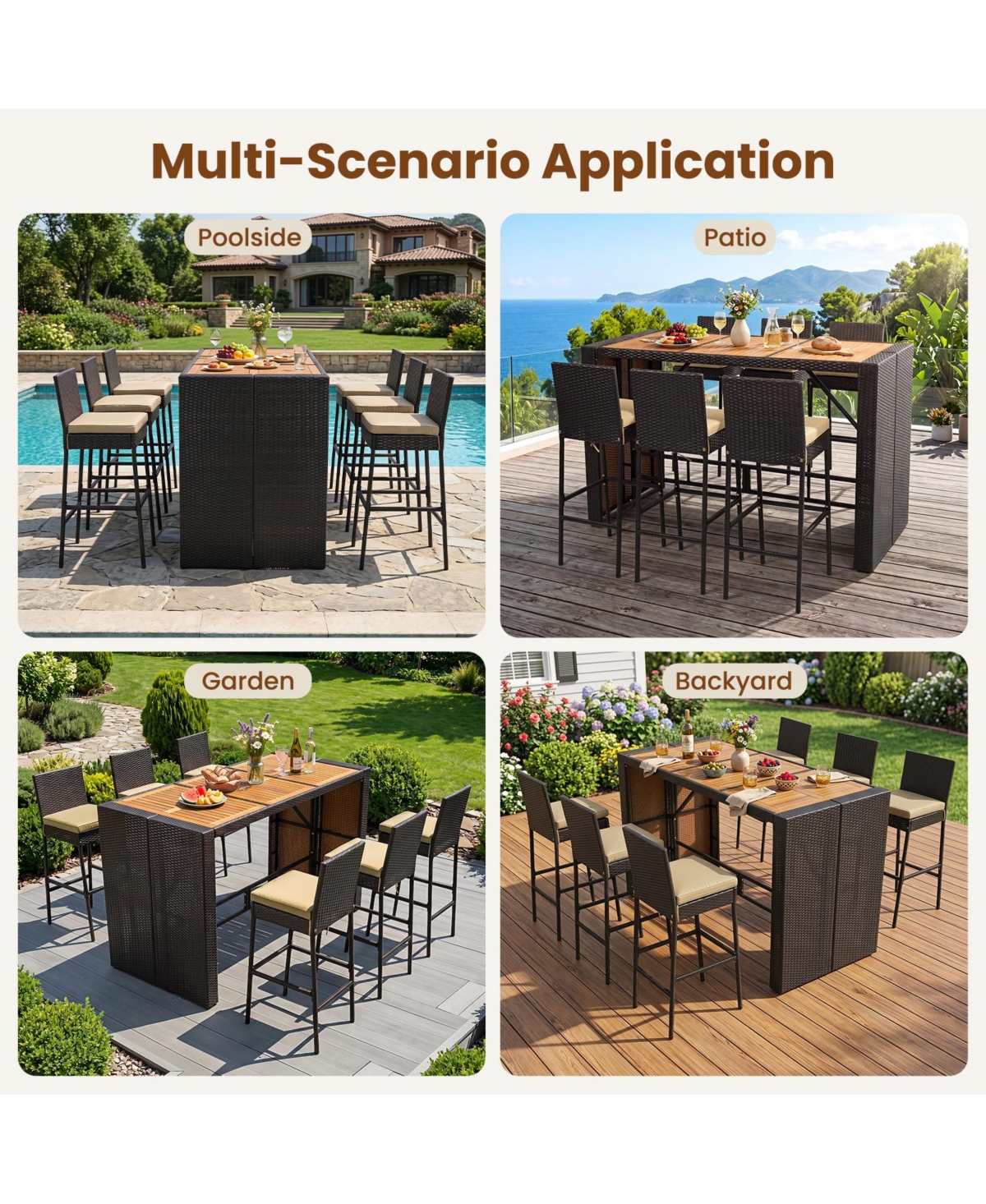 Gymax 7-Piece Pe Wicker Bar Set With Bar Height Table 6 Cushioned Stools for Yard Outdoor
