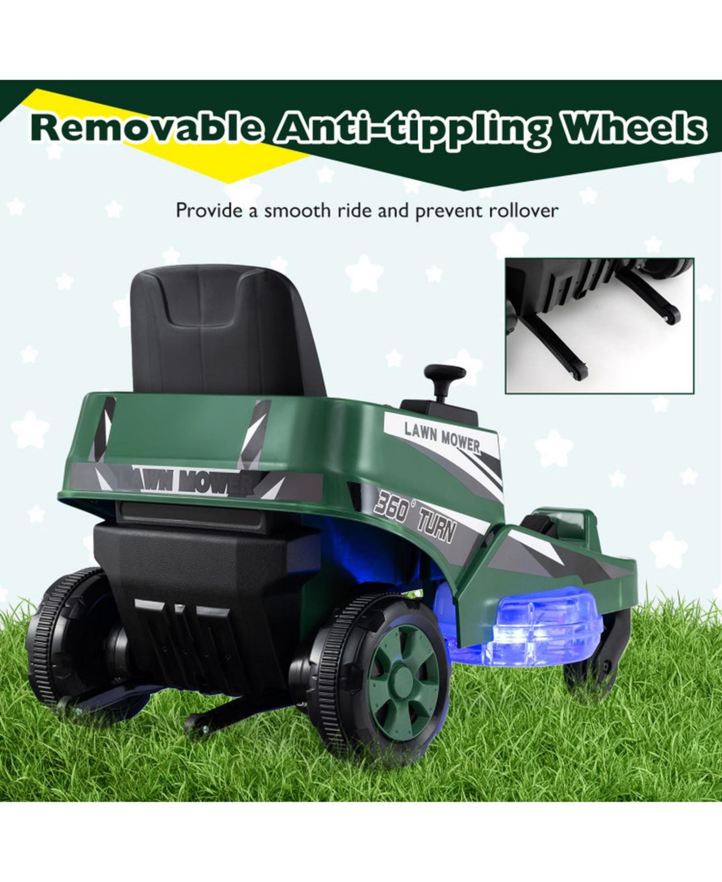 Детская игрушка HONGGE 12V Ride-On Mower with Spinning Blades and LED Lights, 77 lbs., Ages 3–8, цвет: Зелёный — фото 8