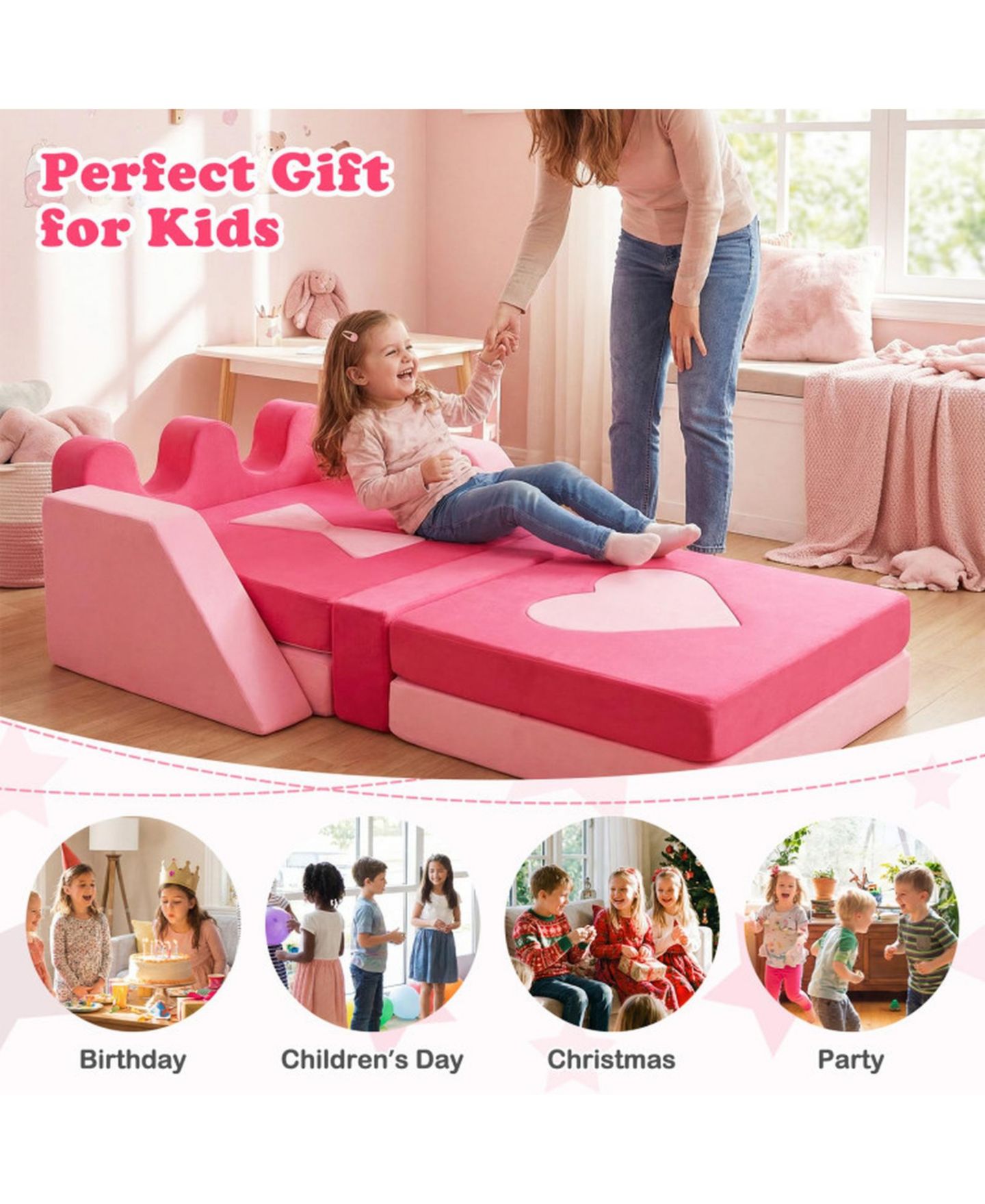 Детские игрушки HONGGE 14-Piece Modular Kids Play Couch with Washable Covers, цвет: Пудровый розовый — фото 5