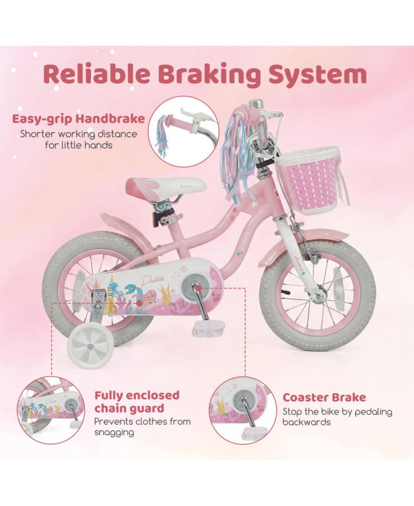 Детская игрушка HONGGE 12-Inch Girls Bike with Training Wheels and Mermaid Design, Ages 3-4, цвет: Розовый — фото 6