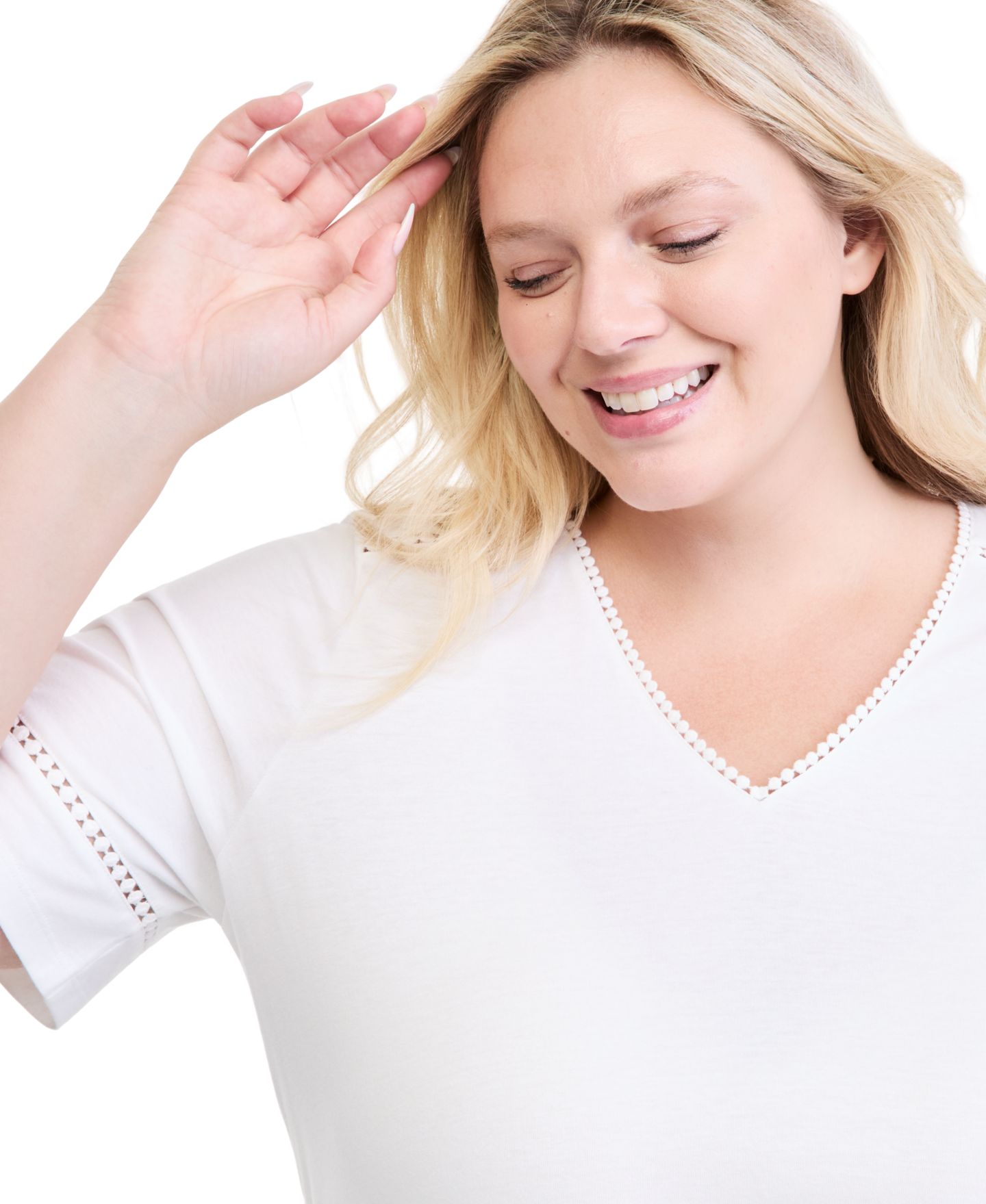 Женский топ Style & Co Plus Size Short-Sleeve V-Neck Pom-Pom Trim, цвет: Яркий белый — фото 3