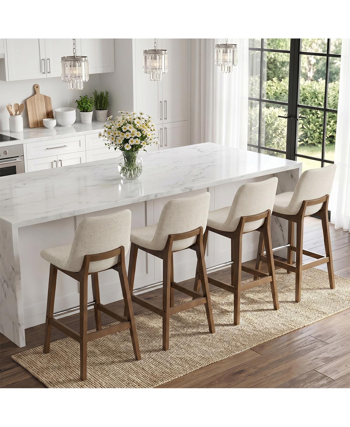 Maison Boucle Set of 4 Upholstered Counter Height Bar Stools, Polyester Fabric, Solid Wood Barstools, Low Back with Backrest