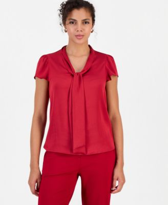 Women's Satin Tie-Neck Flutter-Sleeve Short-Sleeve Blouse