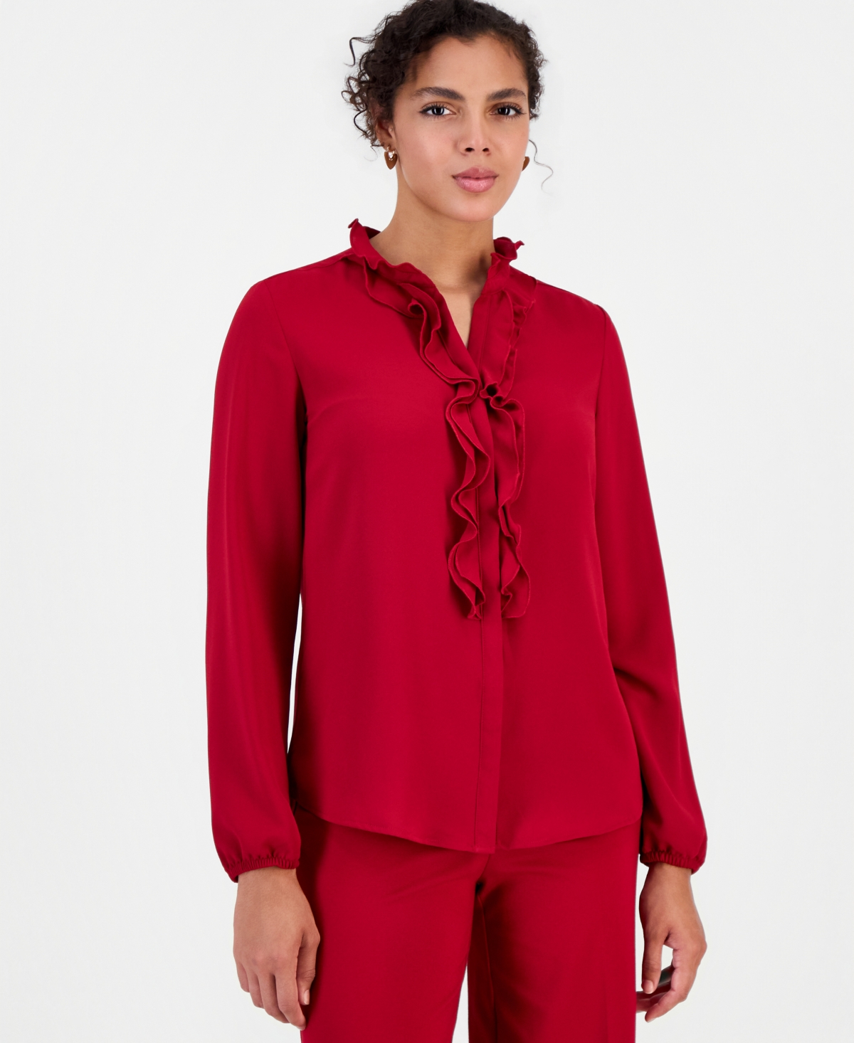 Bar Iii Women's Ruffle-front Long-sleeve V-neck Blouse, Macy's Exclusive In Pomegranate