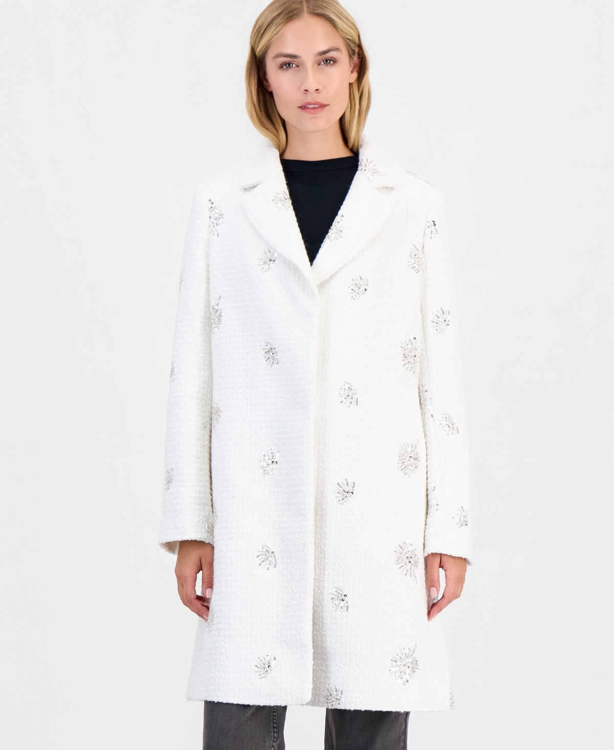 Cece Women's Boucle-sequin Mid-length Coat In Ivory