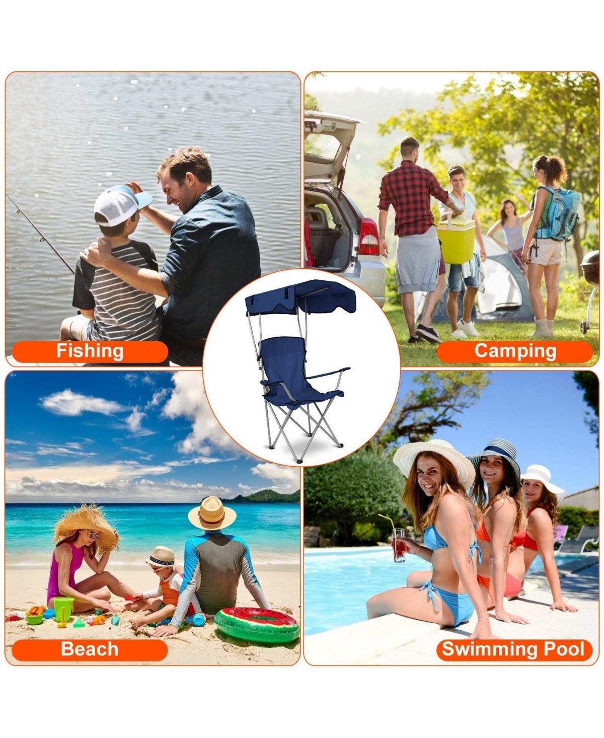 Mountaintop Foldable Beach Canopy Chair, Sun Protection Camping Chair with Cup Holder, 330 lb Capacity, Folding Seat for Beach & Travel