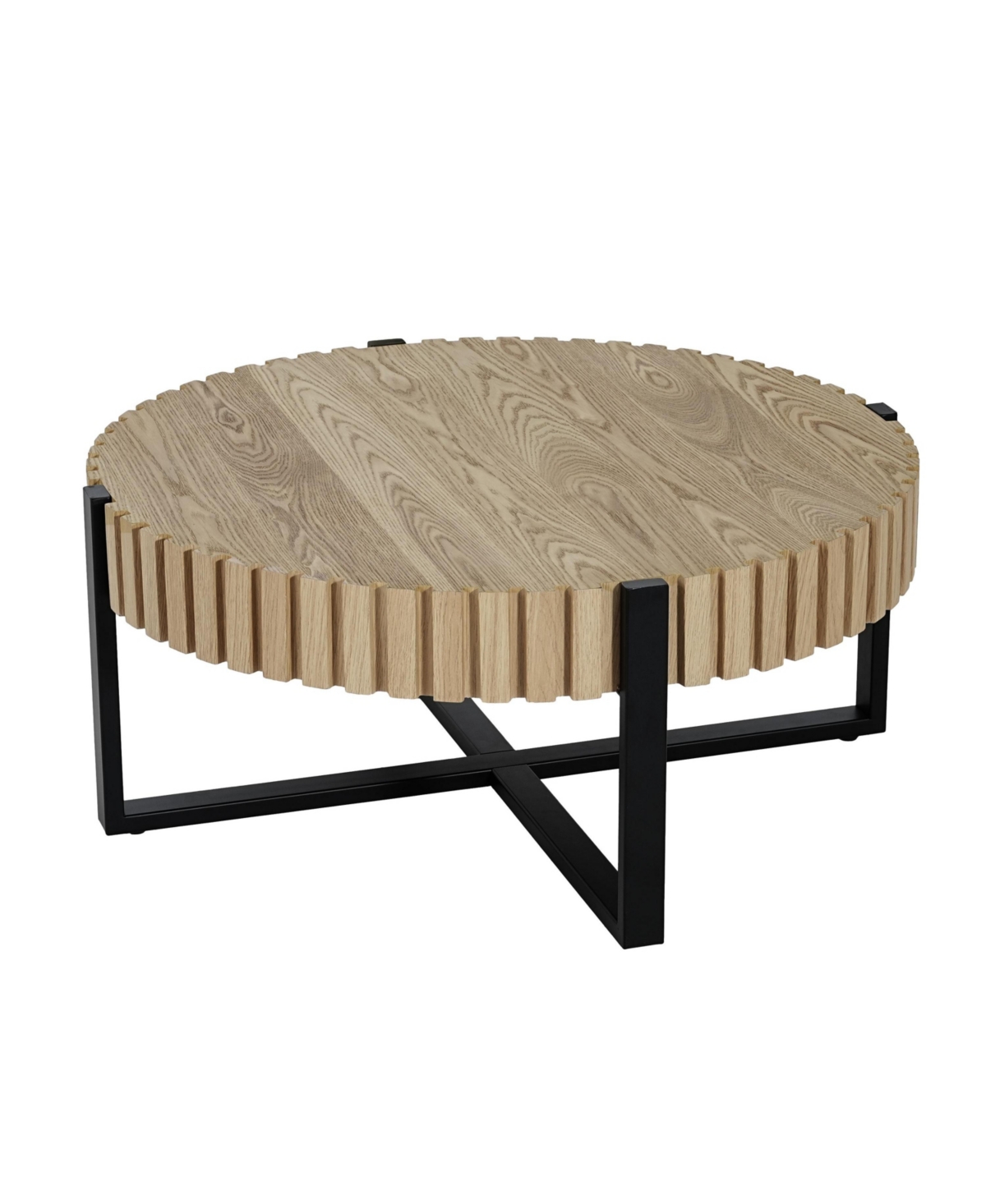 Flynama 31.5" Round Drum Coffee Table Mdf Wood Grain Industrial Metal Base