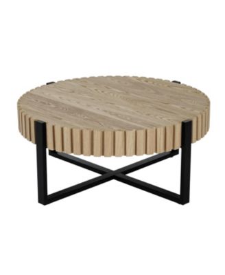 31.5" Round Drum Coffee Table MDF Wood Grain Industrial Metal Base