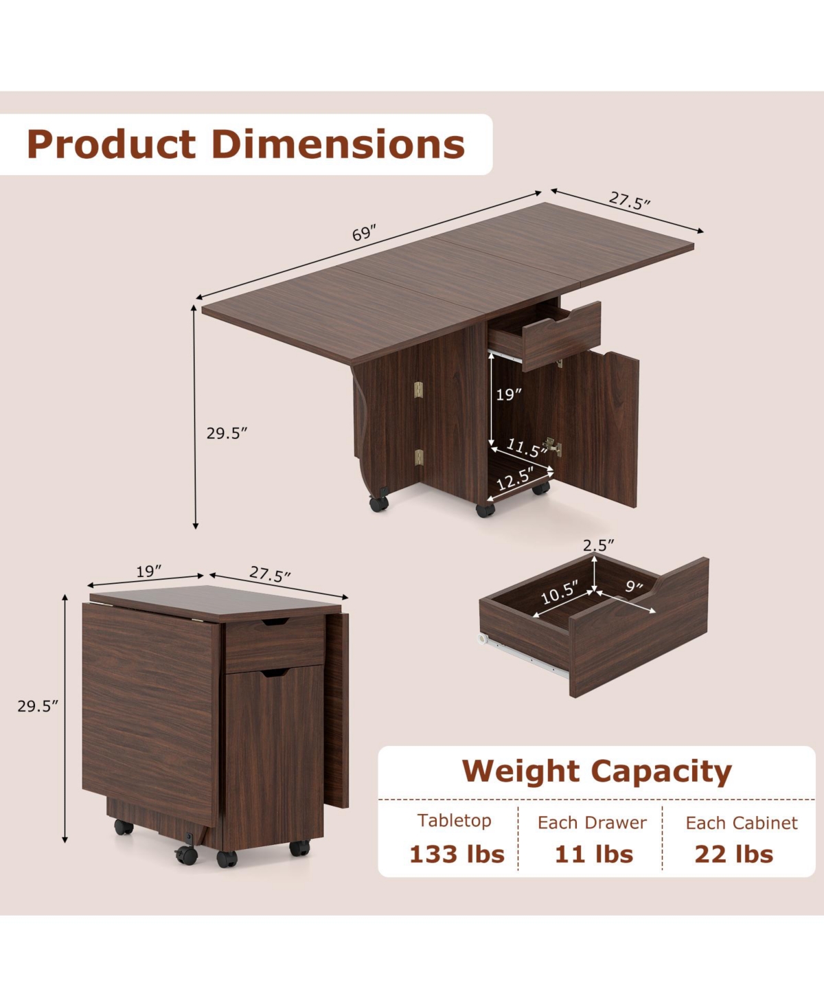 Mecale 3-in-1 Folding Drop-Leaf Dining Table with Drawers and Lockable Wheels