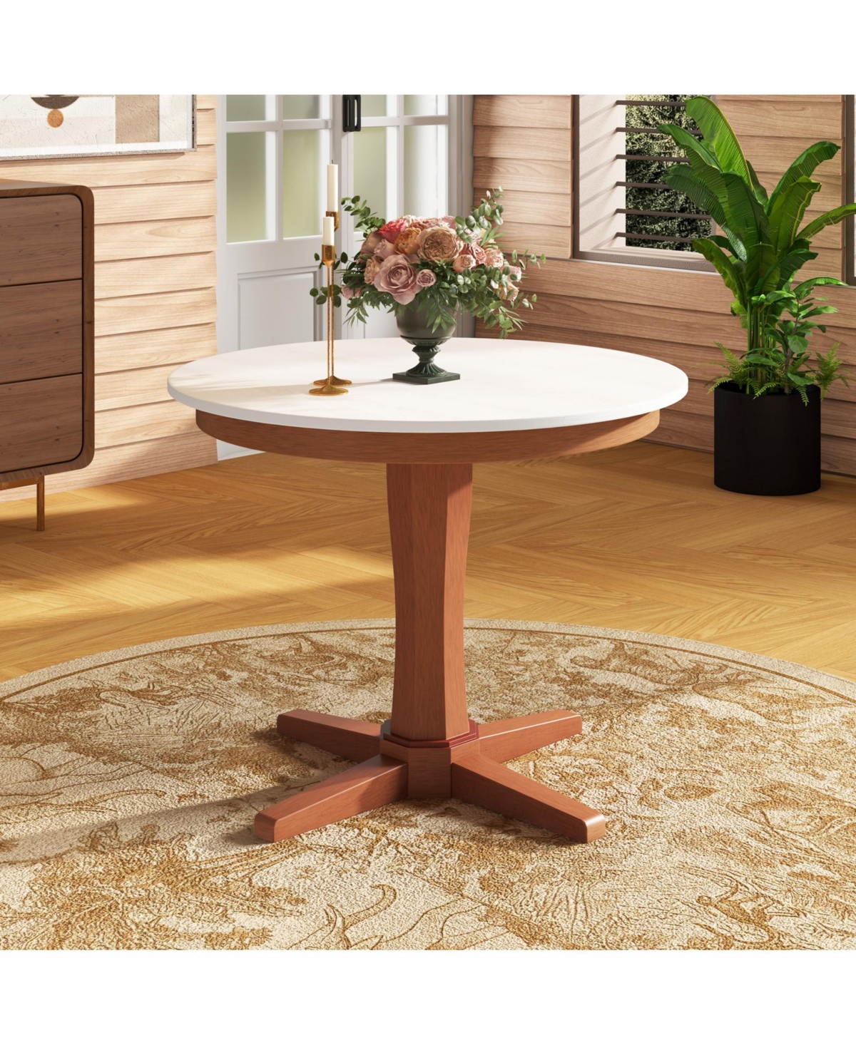 Mecale 35-Inch Round Wooden Dining Table with Pedestal Base