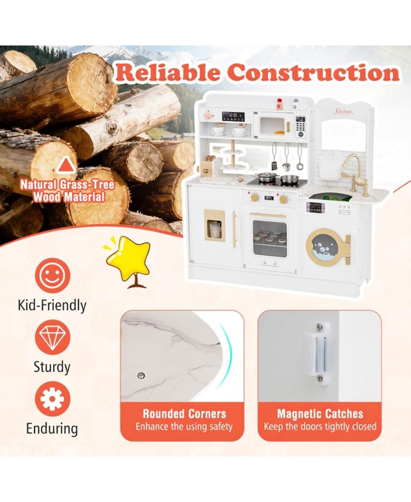 Детские игрушки SUGIFT Lights and Sounds 25-Piece Wooden Play Kitchen, Ages 3+, цвет: Белый — фото 8
