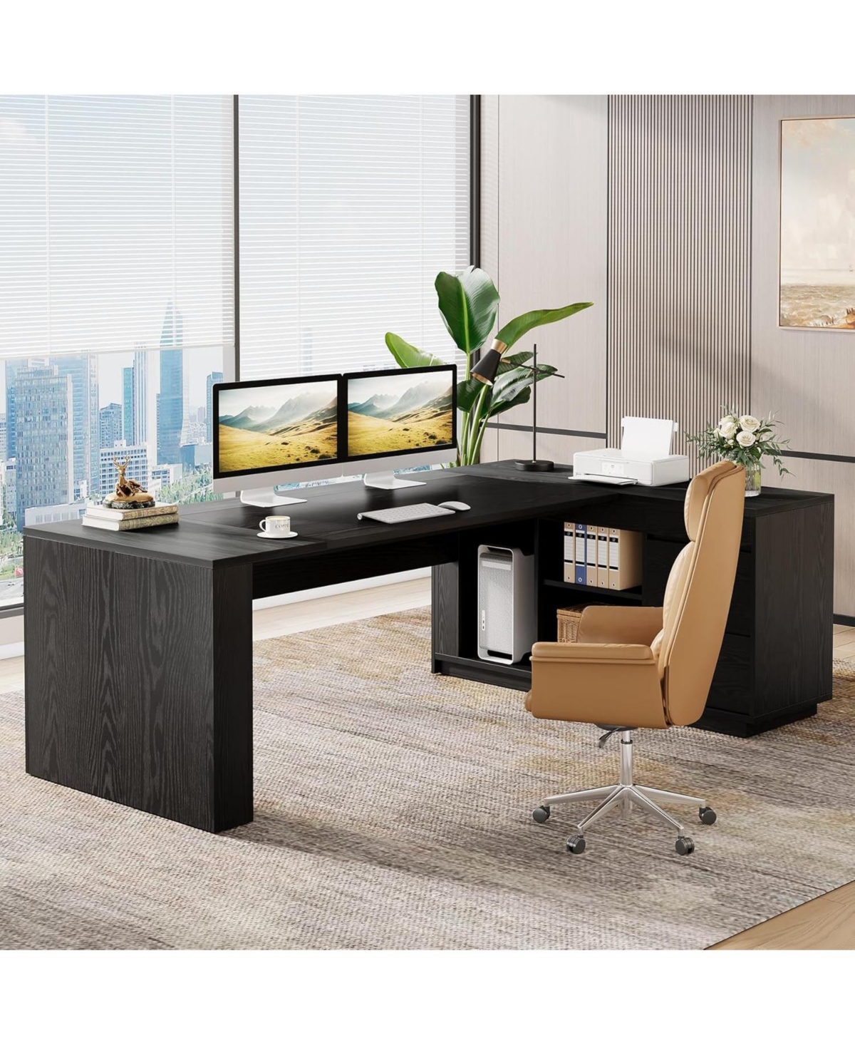 Tribesigns 78" L Shaped Executive Desk: Large office computer desk with cabinet and shelves. Modern workstation for home office.