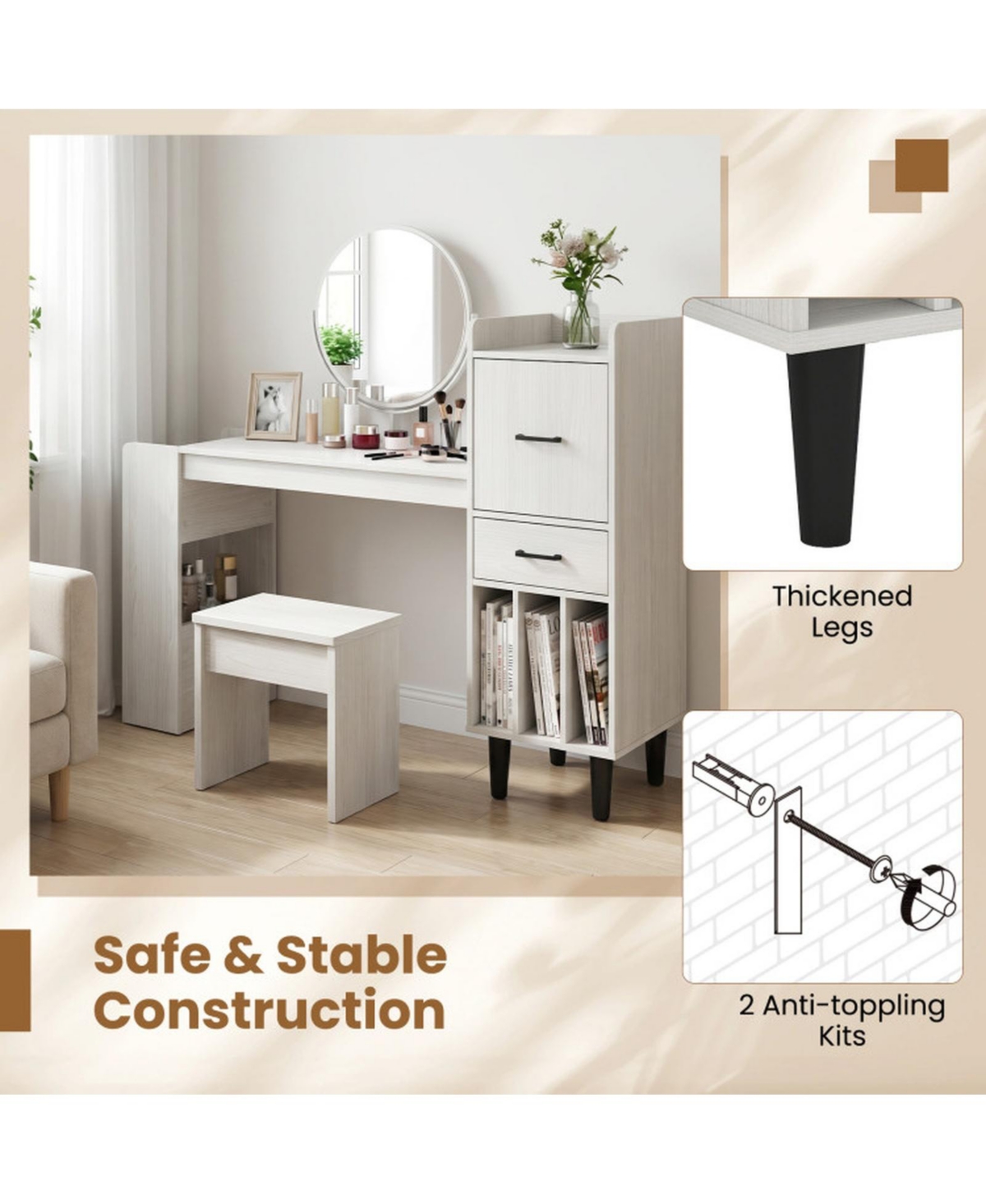 Sugift 59 Inch Home Office Desk with Side Storage Shelves Drawer and Cabinet Modern Computer Workstation