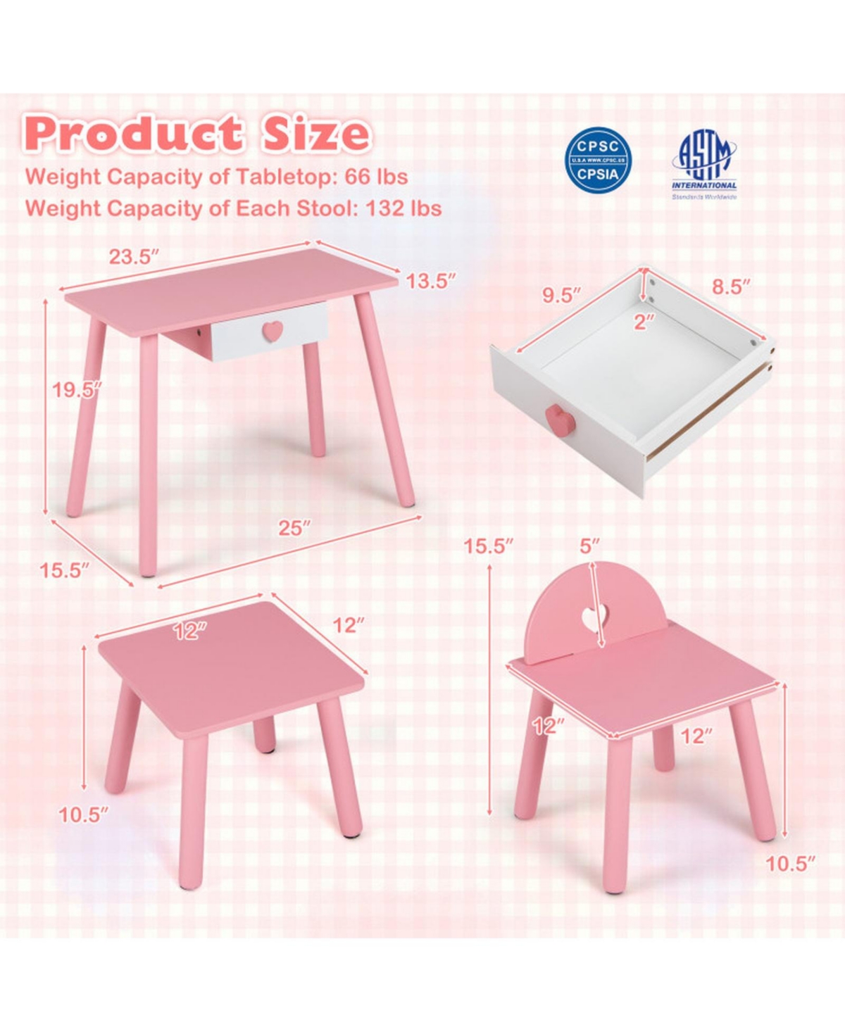 Sugift 2-in-1 Wooden Vanity Table with Chair and Stool Set, Ages 3+