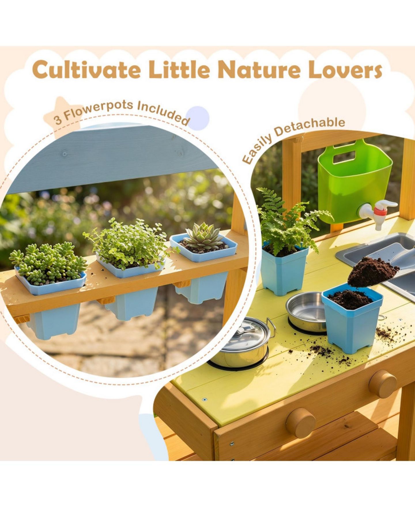 Детская игрушка SUGIFT Mobile Wooden Mud Kitchen with 3 Flowerpots and Cooking Accessories, Ages 3+, цвет: Жёлтый — фото 5