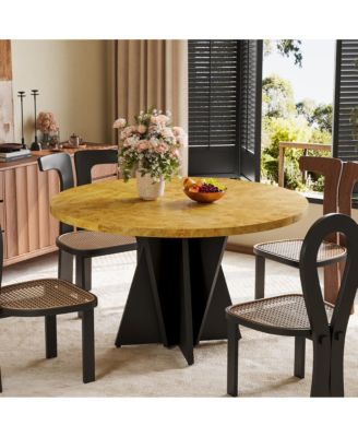 Modern Round Dining Table with Thickened Tabletop, Geometric Pedestal Base and Adjustable Foot Pads