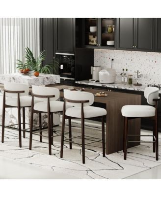Set of 4 Upholstered Counter Height Bar Stools with Wood Legs and Curved Back, Linen Kitchen Island Chairs with Footrest