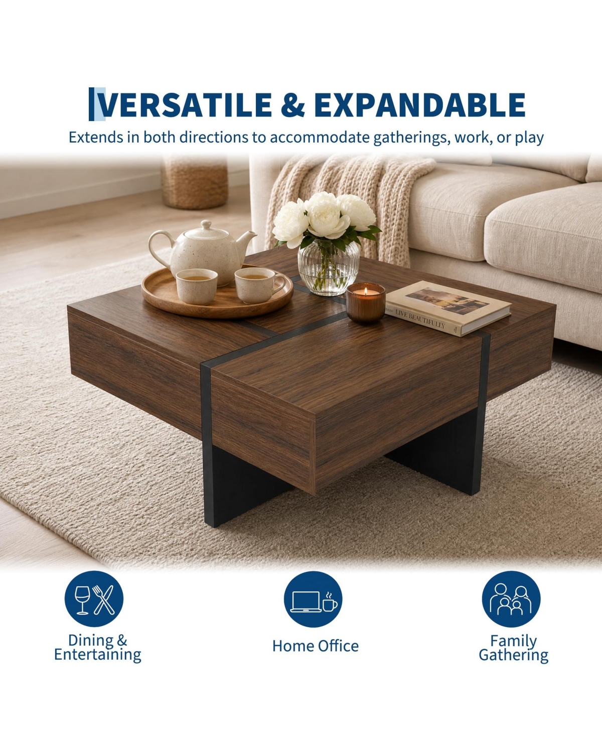 Mid-Century Modern Expandable Coffee Table with Sliding Top and Hidden Storage, Wood-Grain Finish Cocktail Tea Table for Living Room Small Spaces Apar