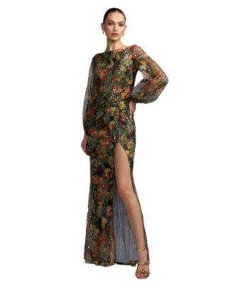 Women's Floral Applique Sequined Puff Sleeve Gown