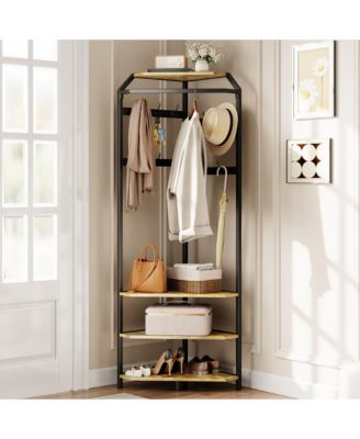 Corner Hall Tree Coat Rack with Shoe Bench, 12 Hooks and Hanging Rod, Space-Saving Storage Organizer for Entryway Bedroom Living Room