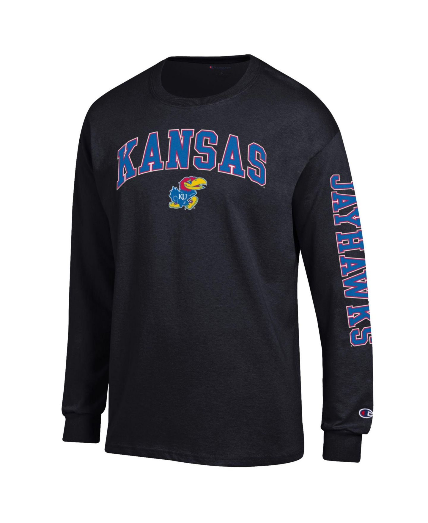 Мужская футболка Champion Royal Kansas Jayhawks Arch Over Logo 2-Hit Long Sleeve, цвет: Чёрный — фото 2