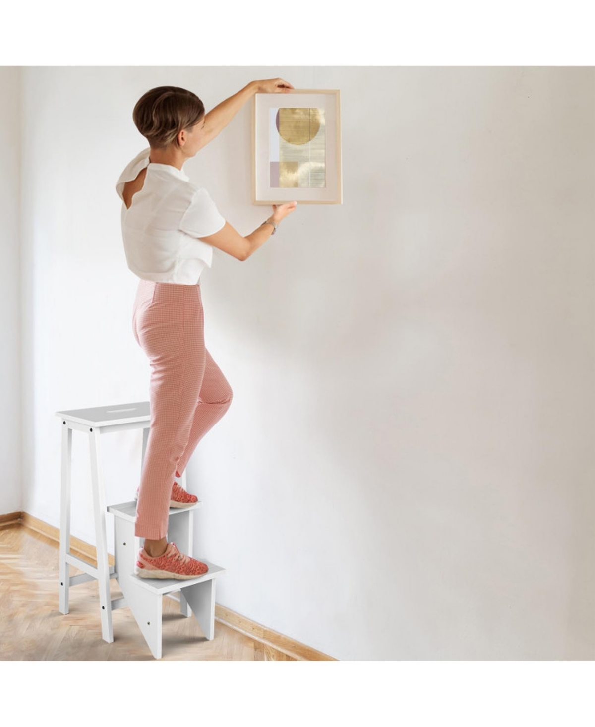 Sugift 3-in-1 Solid Wood Folding Step Stool Bench with 3 Tiers and Carrying Handle
