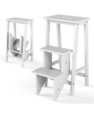 3-in-1 Solid Wood Folding Step Stool Bench with 3 Tiers and Carrying Handle