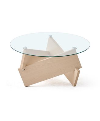 Modern Round Farmhouse Coffee Table with Tempered Glass Top, Natural Wood