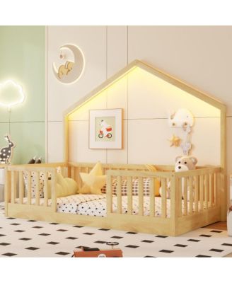 Twin Floor Bed with High Rails and Light for Kids