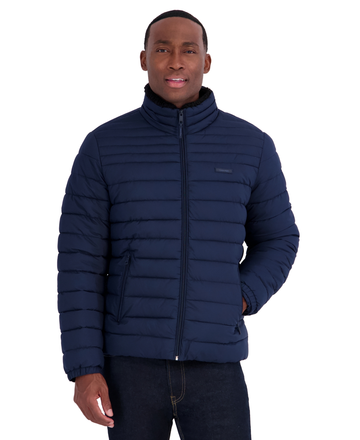 Calvin Klein Men's Stand Collar Sherpa Mid Puffer Jacket - Navy