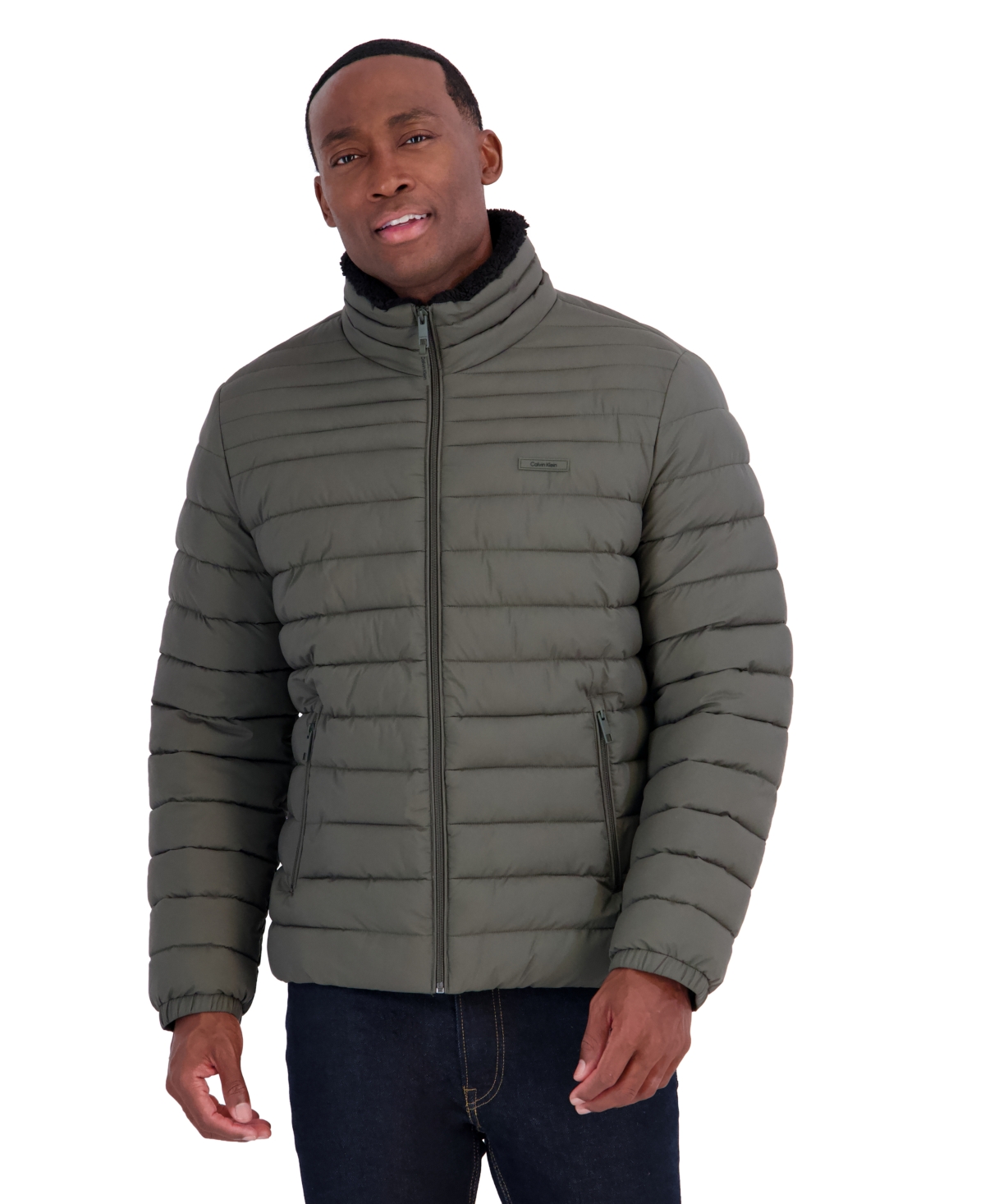 Calvin Klein Men's Stand Collar Sherpa Mid Puffer Jacket - Olive