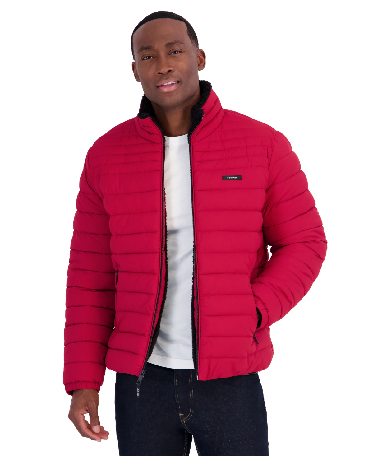 Calvin Klein Men's Stand Collar Sherpa Mid Puffer Jacket - Red