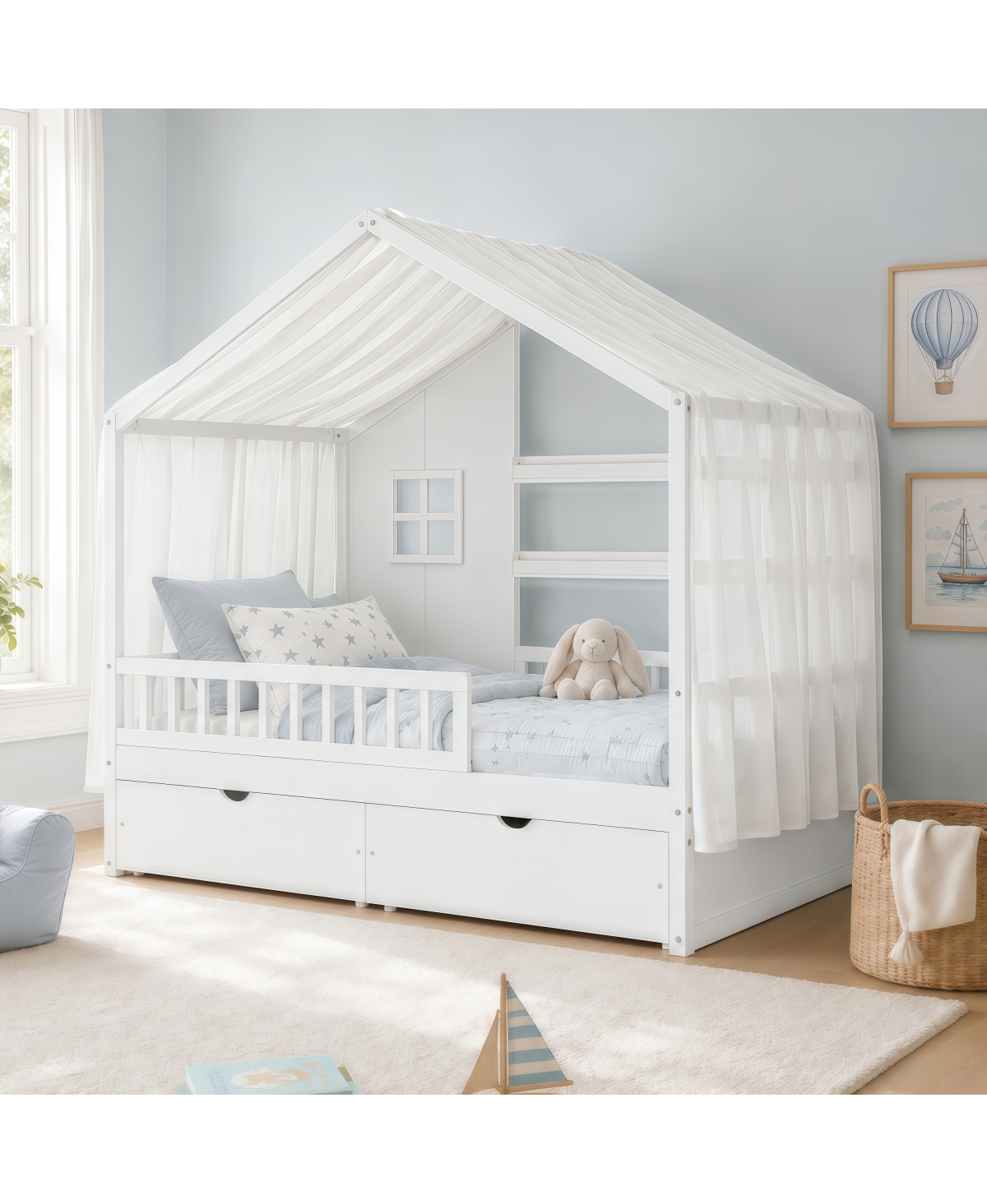 Streamdale Furniture Kids Twin Floor Bed with Roof, Curtains, Guardrails and 2 Drawers
