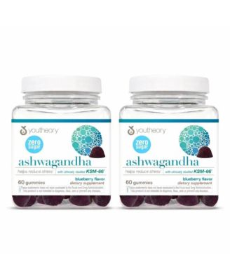 Ashwagandha Gummies Stress and Energy Support KSM 66 and Ginger Zero Sugar Blueberry 60 Count, Pack of 2 60 Day Supply