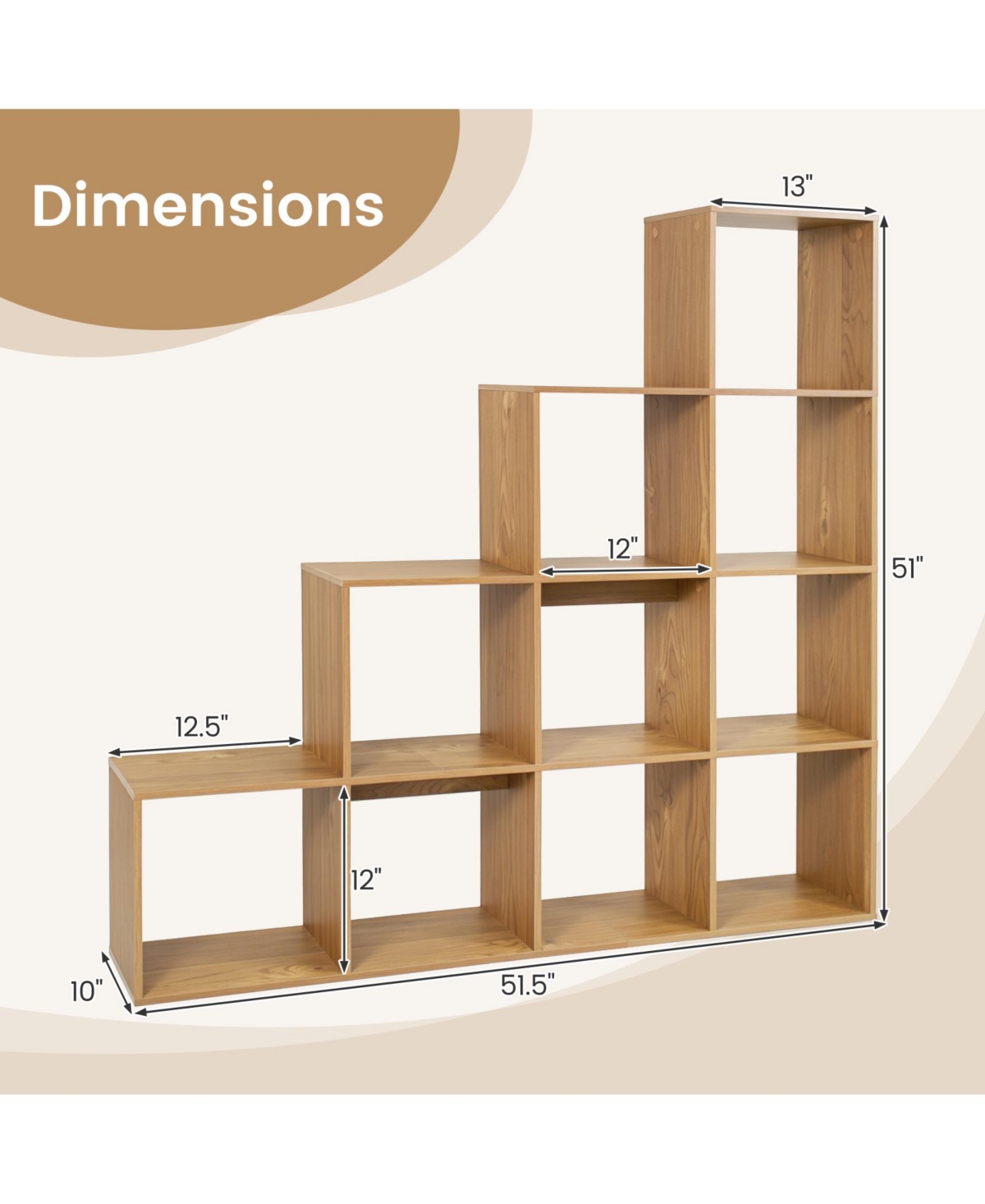 Gymax 4-Tier Bookshelf 10-Cube Stepped Bookcase w/2 Anti-Tipping Kits for Home Office