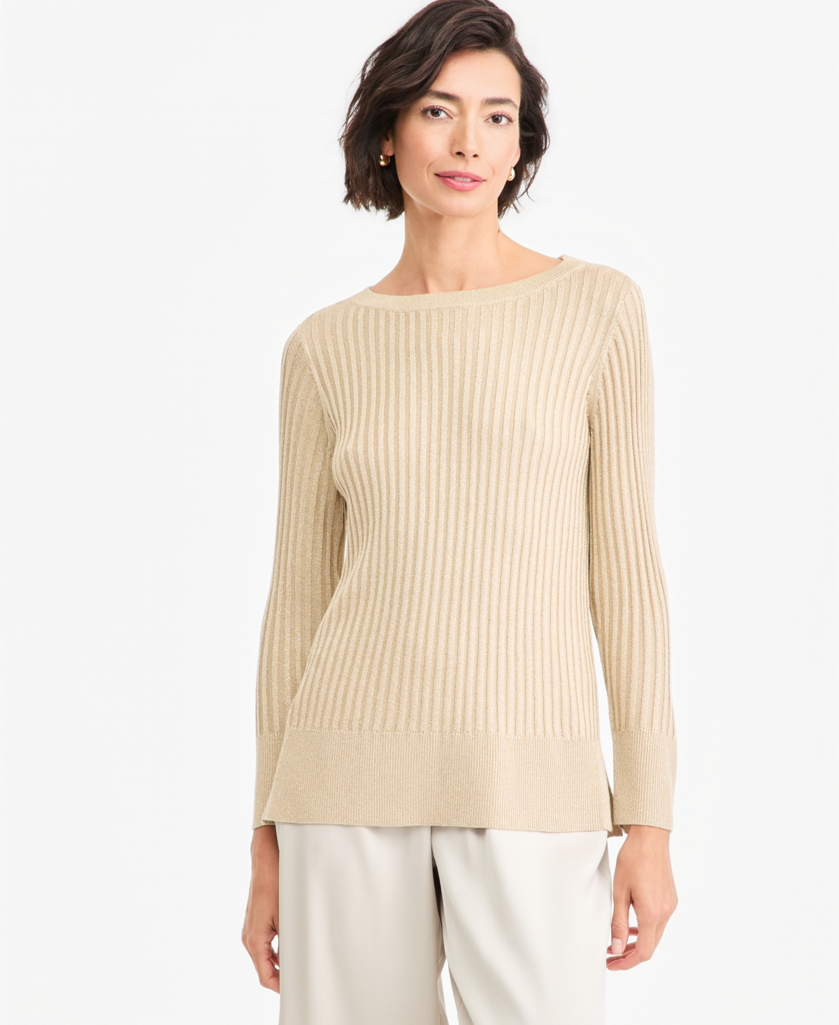 Jm Collection Women's Boat Neck Long-Sleeve Lurex Sweater, Macy's Exclusive - Coffee Cake