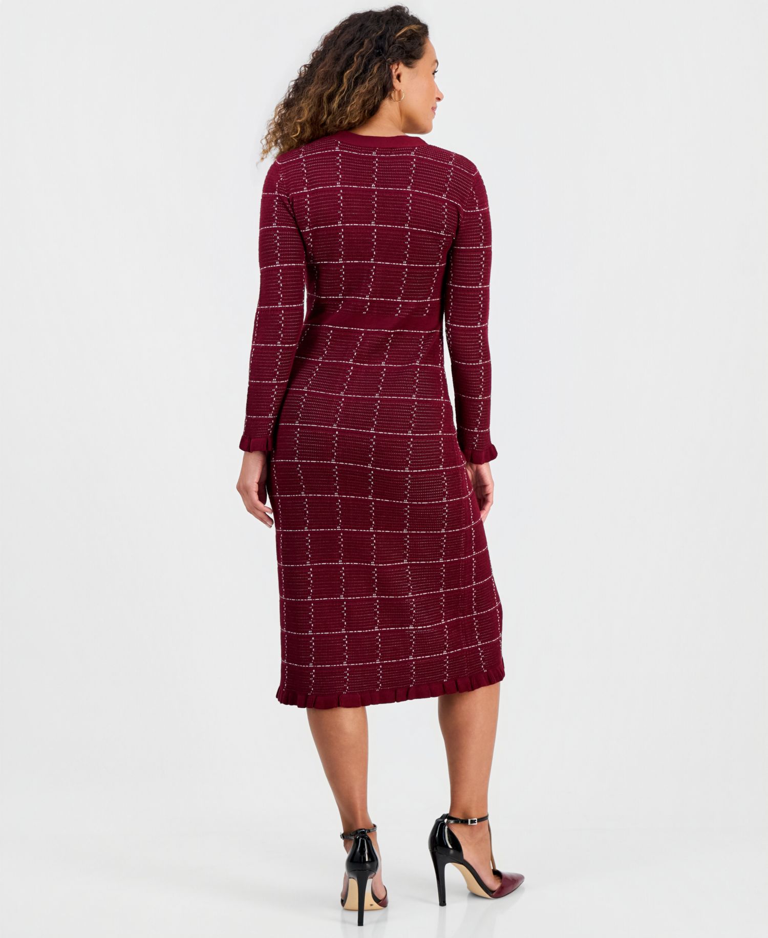 Petite Plaid-Print V-Neck Ruffle-Trim Sweater Midi Dress