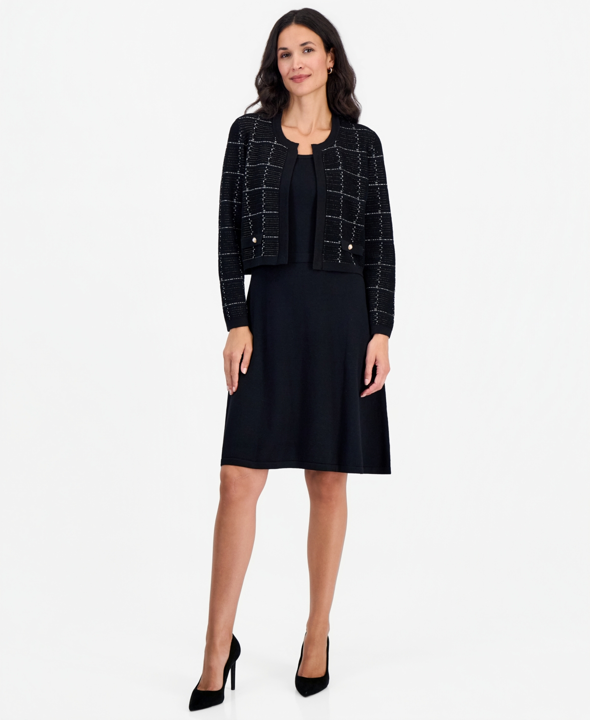 Sandra Darren Petite Long-sleeve Colorblock Scoop-neck Sweater Dress In Black,white