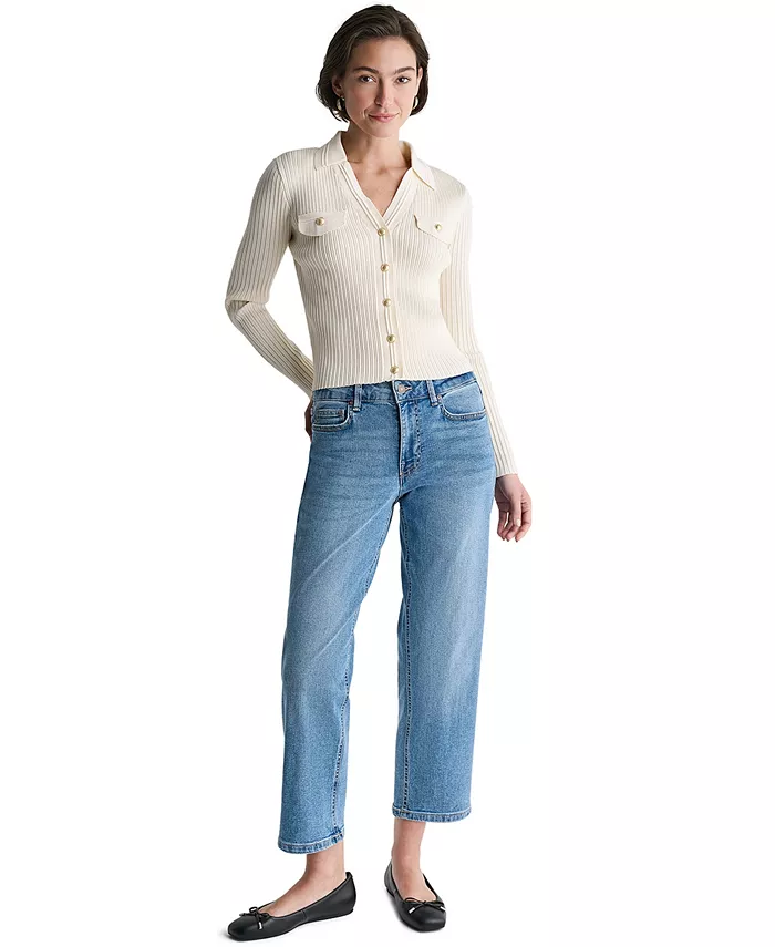 Women's Ribbed Knit Collared V-Neck Cardigan - thumbnail 2
